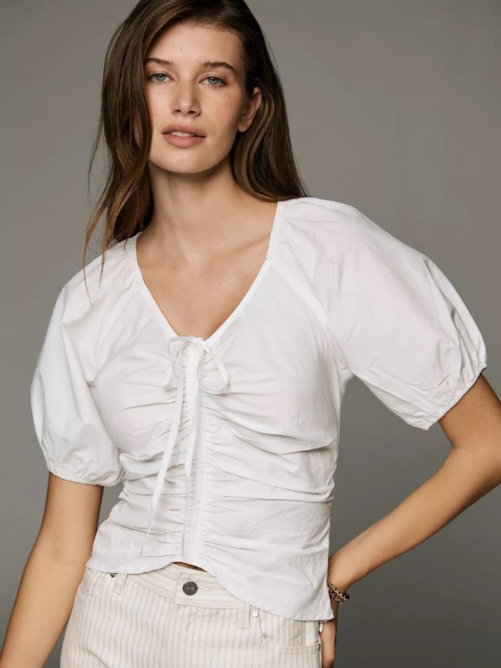 Lisa Says Gah Margaret Puff-Sleeve Top Ruched Front Blouse White Small Womens